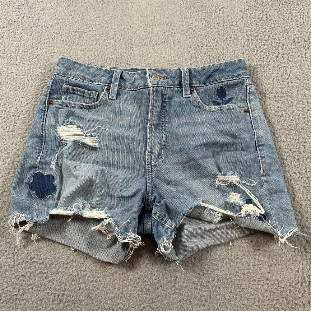 Old Navy Shorts Womens‎ 6 Blue High Rise Flower Patch Cutoff Distressed Denim